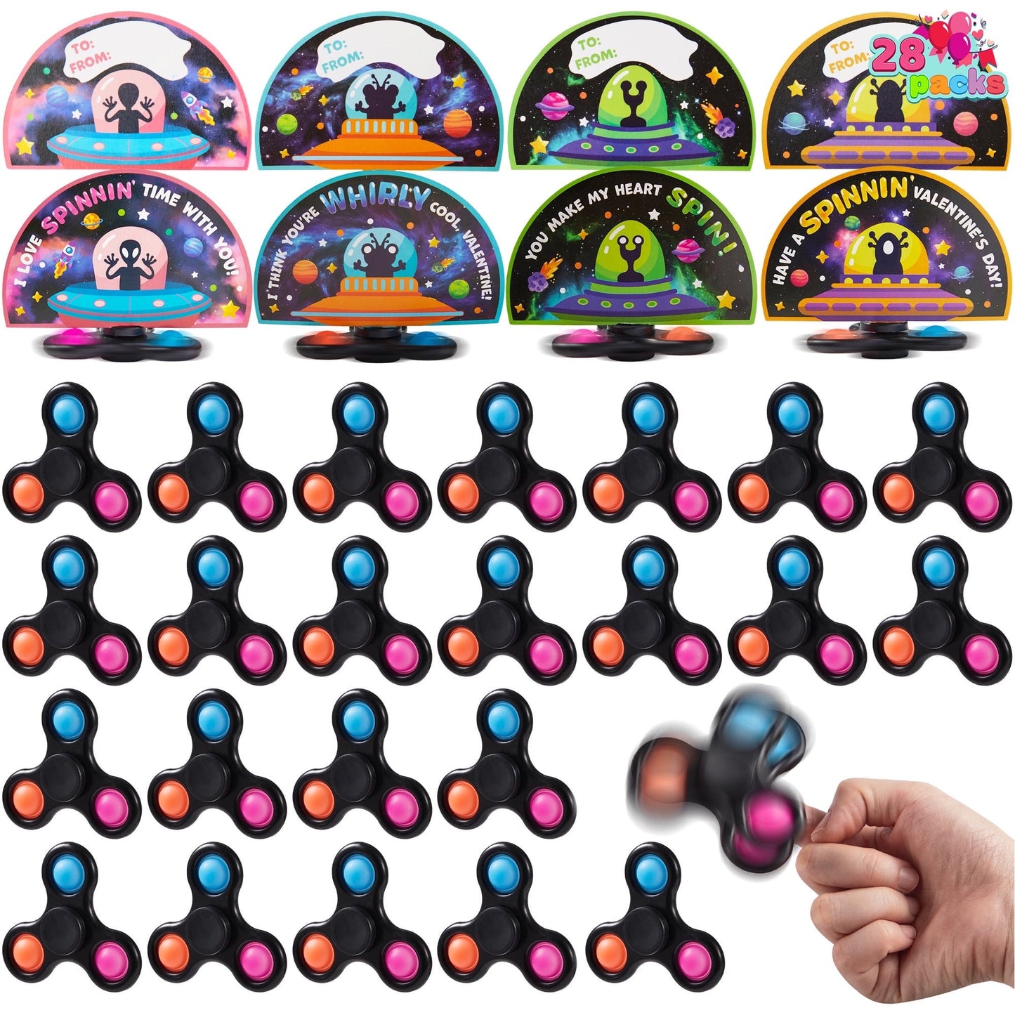 Joyfy 28 Packs Valentines Toys Set, Valentines Day Cards with Fidget Spinner for Kids Adult, Stress Relief Hand Finger Spinner Fidget Toy for Valentines Exchange Cards Gifts