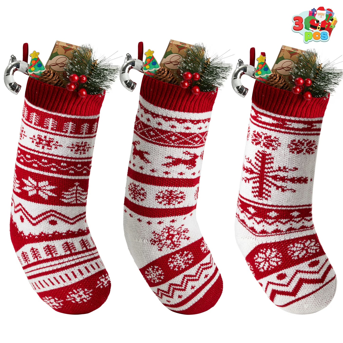 Joyfy 3 Pcs 18 Knit Christmas Stockings, Large Rustic Yarn Stockings for Christmas Family Holiday Fireplace Hanging Christmas Tree Decorations, with Snowflake Christmas Tree Reindeer Character
