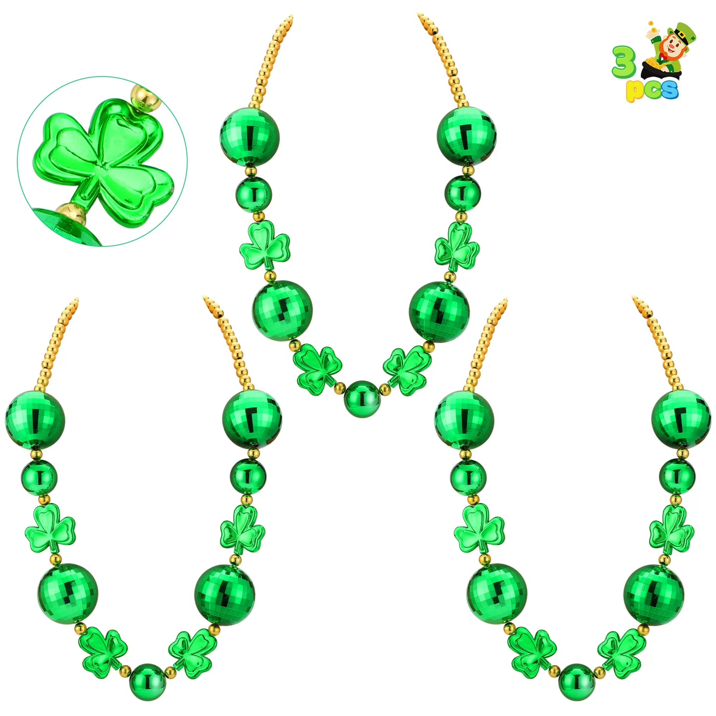 Joyfy 3 Pcs St. Patrick Day Jumbo Bead Necklaces, Green Shamrock Necklaces Bulk for St. Patrick Day Costume Party Accessories, Carnival Dress Up Decorations Favors