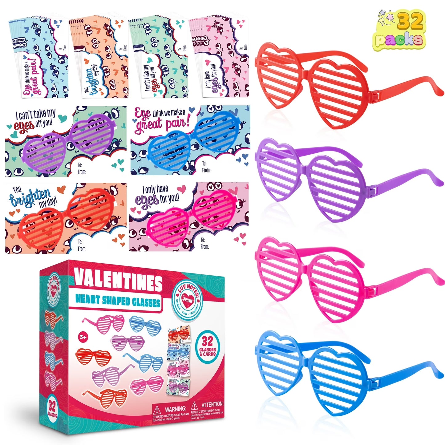 Joyfy 32 Packs Valentines Day Cards with Heart Shaped Glasses for Kids, Valentines Exchange Card Gift Sets for Boys Girls, Valentines Party Favors