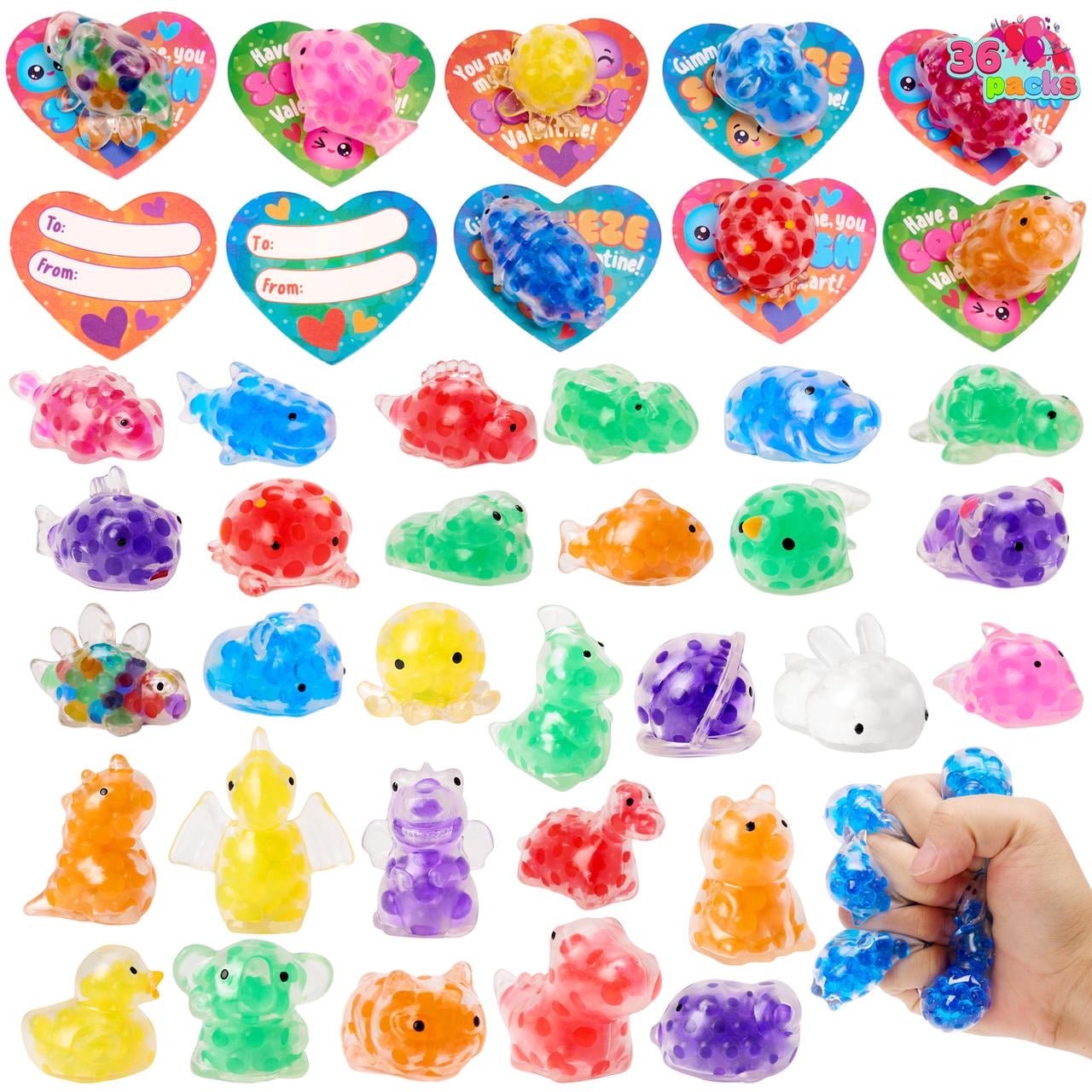 Joyfy 36 Packs Valentine Day Cards with Jelly Mochi Squishy Toys for Kids, Mini Critter Squeeze Balls, Stress Relief Fidget Toys for Valentines Party Favors Classroom Exchange Gifts