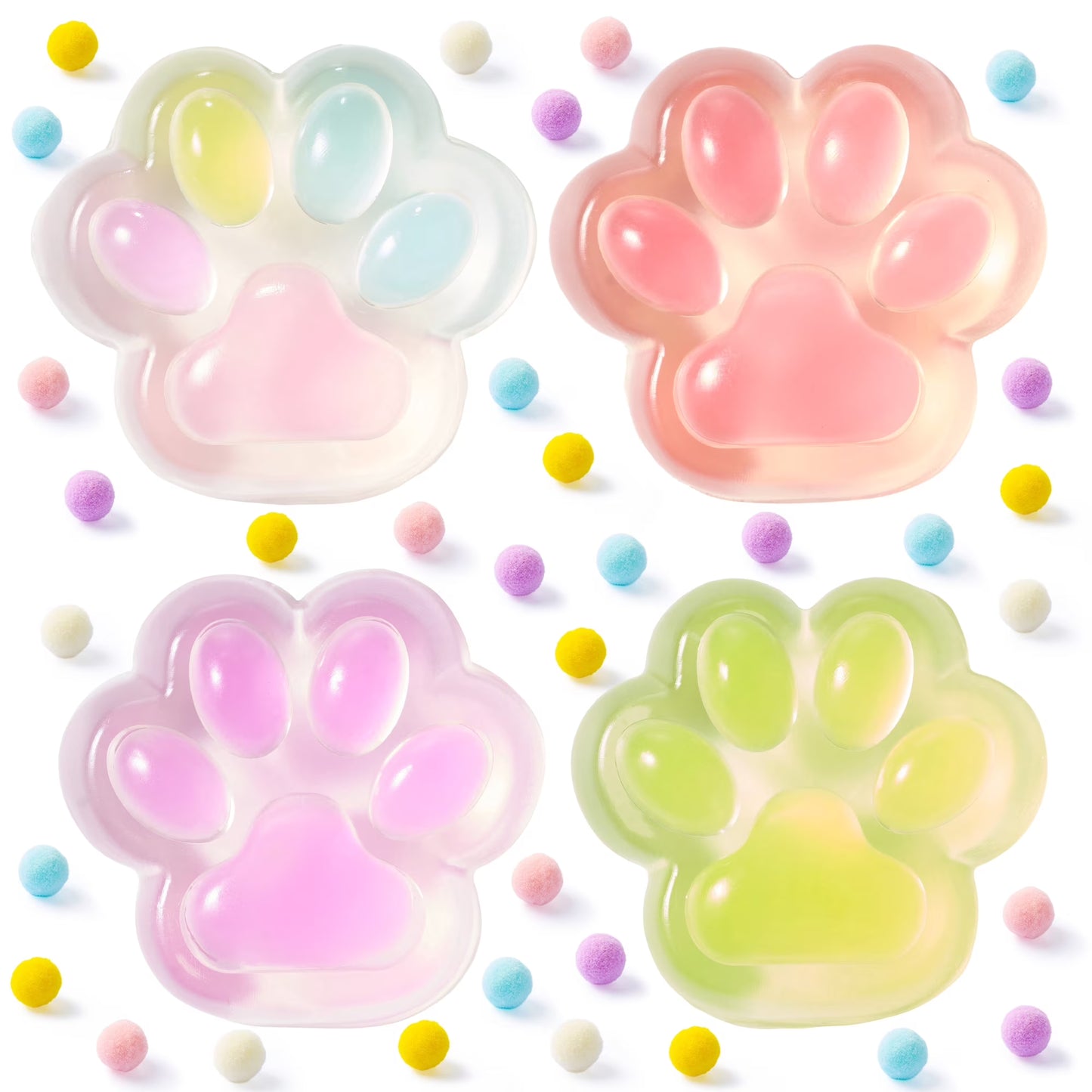 Joyfy 4 Pcs Taba Squishy Transparent Cat Paw Squeeze Fidget Toys for Adults Colorful Kawaii Fufu Squishies for Kids, Soft Stress Relief Gifts for Birthday