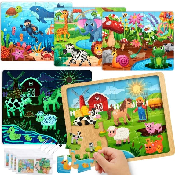 Joyfy 4-in-1 Animal Wooden Puzzles Glow in The Dark Toys, 24 & 35 PCS Montessori Puzzles Board Toys for Toddlers Ages 3-5, Farm, Ocean, Zoo, Insect Themes, Birthday Valentine Easter Gifts for Kids