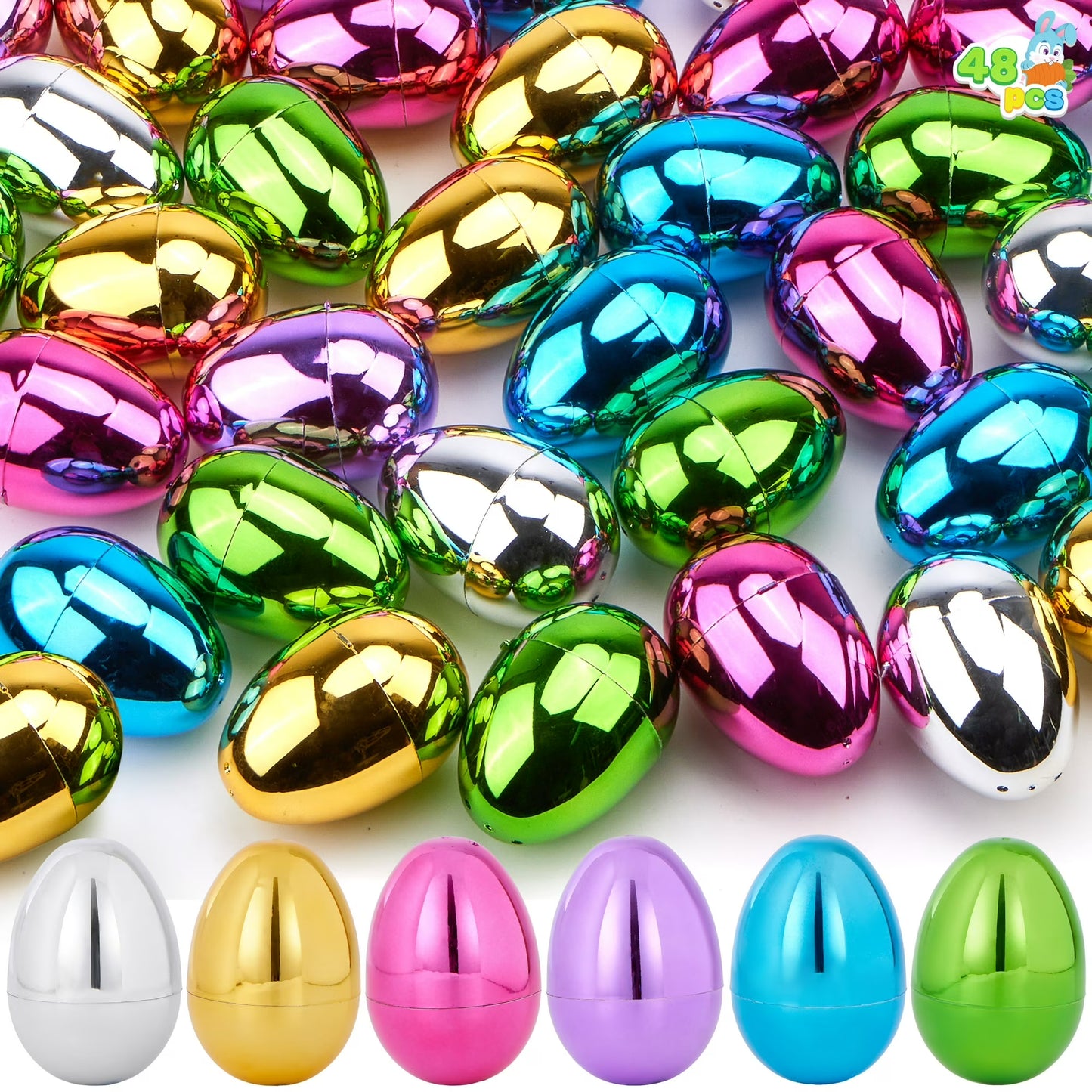 Joyfy 48 Pcs Metallic Easter Eggs, 3.15 Shinny Empty Plastic Easter Eggs Fillable, 6 Colors Bulks for Easter Hunt, Filling Treats, Easter Basket Stuffers, Classroom Prize Supplies