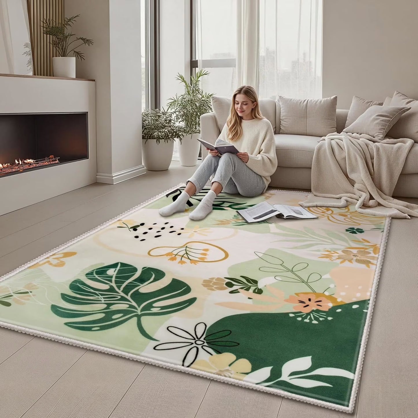 Joyfy 5x7 Area Rugs Non-Slip Washable, Large Art Floral Living Room Rug with Rubber Backing, Soft Carpet for Bedroom, Dining Room, Kids Nursery Green