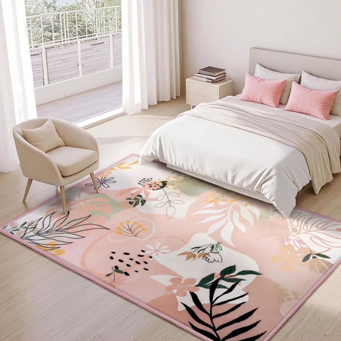 Joyfy 5x7 Area Rugs Non-Slip Washable, Large Art Floral Living Room Rug with Rubber Backing, Soft Carpet for Bedroom, Dining Room, Kids Nursery Pink