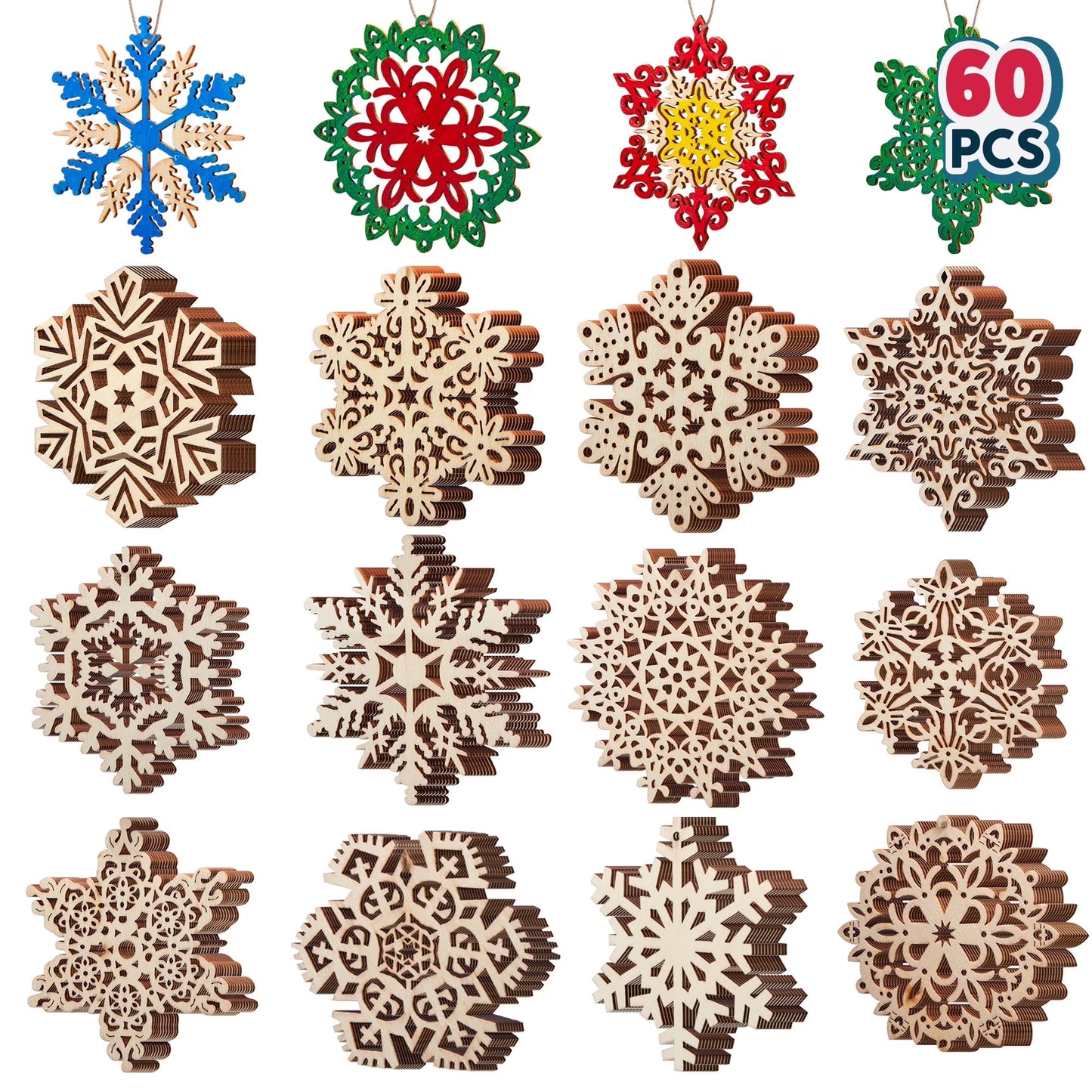 Joyfy 60 Pcs Wooden Snowflake Ornaments for Christmas Tree Decoration and Holiday Party Favors