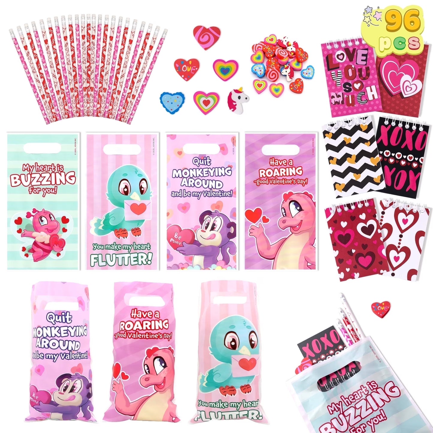 Joyfy 96 Pcs Valentines Gift Sets for Kids,Valentines Goodie Bag Stuffers,Assorted Stationery Set with Valentines Bags for Kids Classroom Exchange, Valentines Party Favors Treats