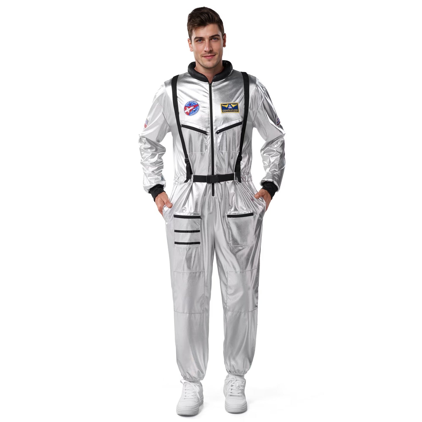 Joyfy Adult Men Astronaut Costume Halloween Spaceman Costume Silver Space Suit Spaceman Jumpsuit Pilot Outfit for Halloween Party Cosplay