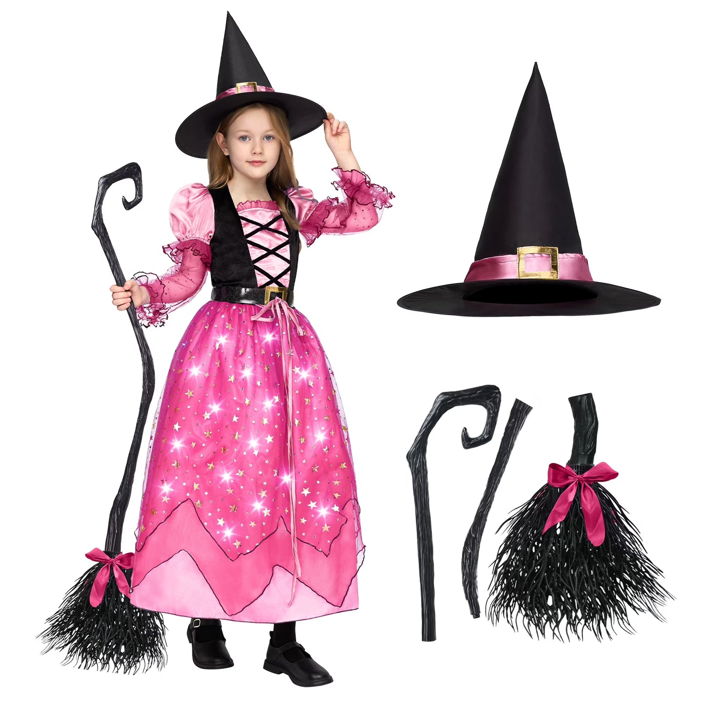 Joyfy Light Up Witch Costume Set for Girls, Starry Witch Dress with Broom Belt Hat for Kids and Toddlers, Perfect for Halloween Party Dress-Up Cosplay