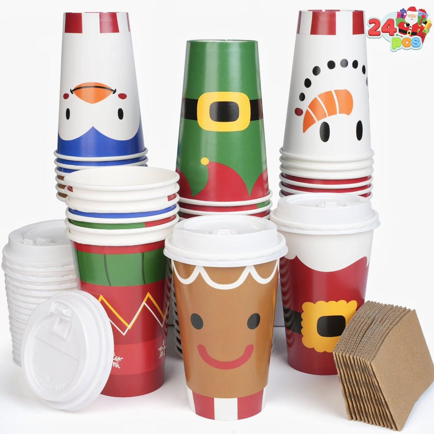 Joyfy 24 Pcs Christmas Disposable Paper Cups, 16 oz Xmas Dinnerware Cups With Cup Sleeves and Lids, 6 Designs Hot/Cold Beverages Tableware for Holiday Party Supplies