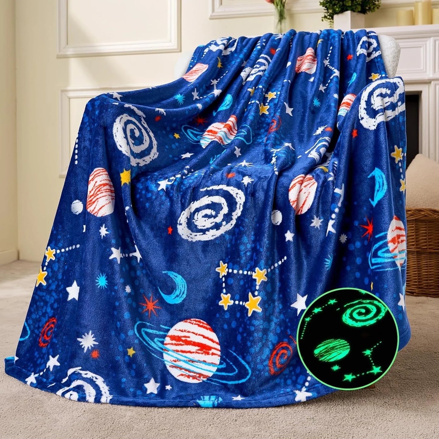 Joyfy Glow in The Dark Blanket-Space Gifts for Girls Boys 50 x 60 Soft Cozy Flannel Kids Throw Blanket