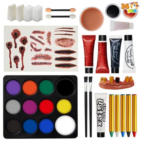 Joyfy 36 Pcs Halloween Makeup Kit,Halloween Family Makeup Set Face Painting Kit with with Zombie Green Ooze,Fake Blood Costume and More for Vampire Cosplay