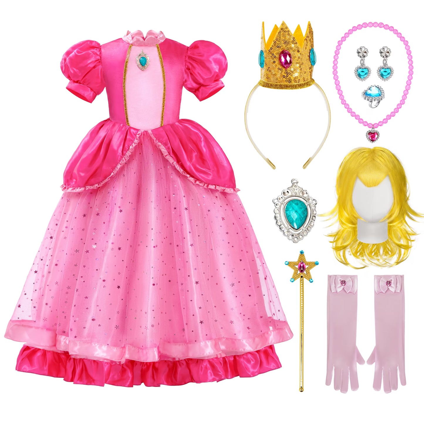 Joyfy Halloween Princess Peach Costume for Girls, Crown Costume Set for Toddler Little Girls Birthday Party Fancy Dress up Cosplay