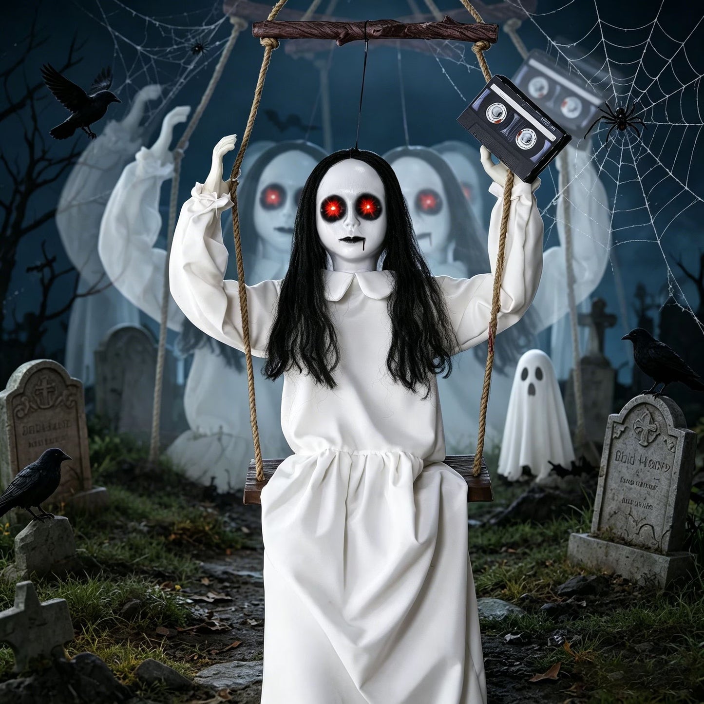 Joyfy Hanging Swinging Ghost Girl Animatronic Halloween Decor,Spooky White Doll with Light Up Eyes & Creepy Activated Sounds,Outdoor Scary Prop for Yard Haunted House