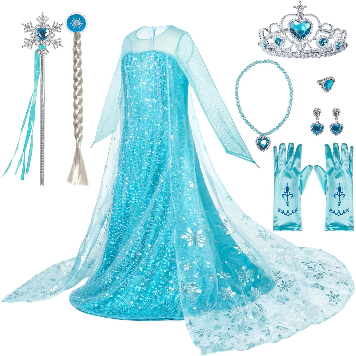 Joyfy Ice Princess Dress for Girls, Snow Princess Costume, Sequin Dress with Cape Cosplay Costume for Kids Halloween Birthday Party Dress up 3-10 Years
