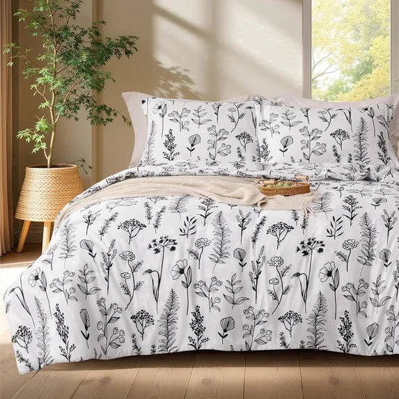Joyfy King Size Comforter Set White, 3 Pieces Floral King Bedding Set with 1 Soft Reversible Botanical Comforter and 2 Pillow Shams, Bed in a Bag for All Seasons