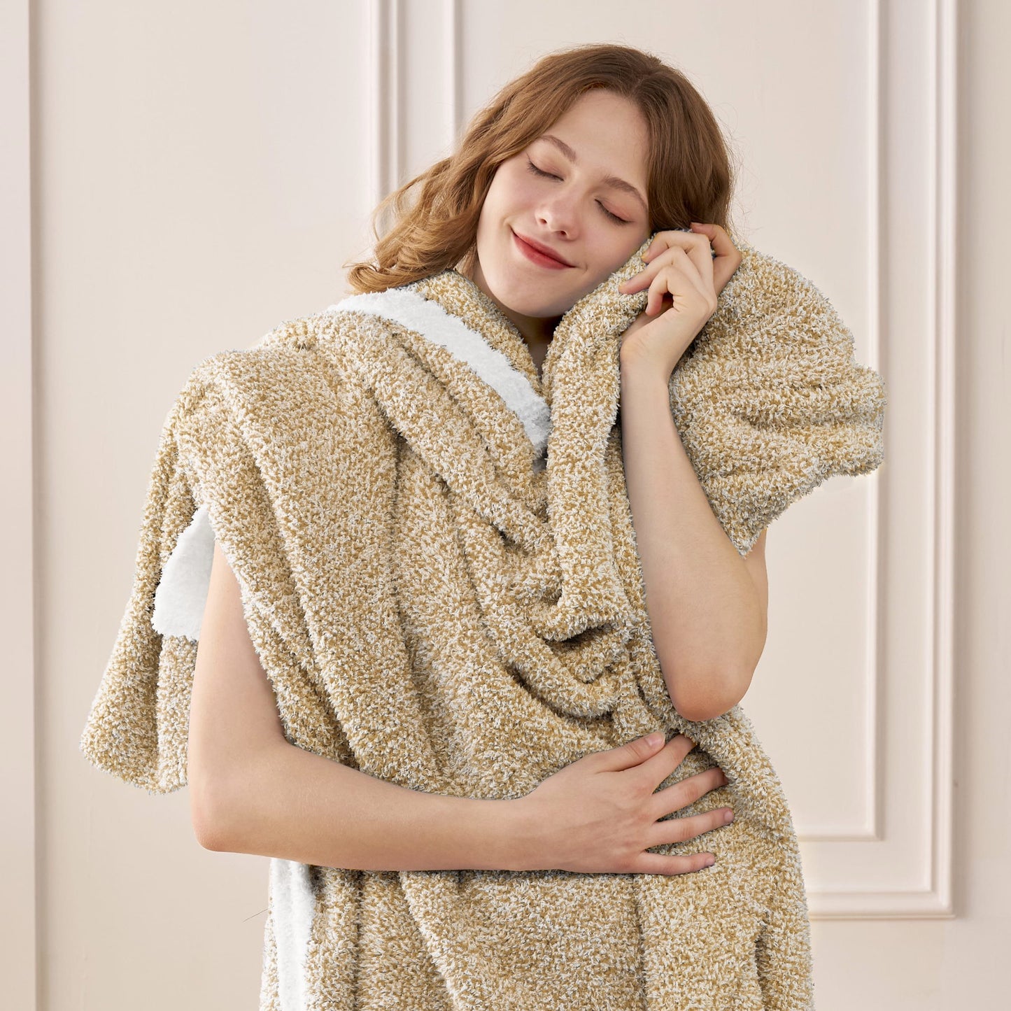 Joyfy Light Camel Knitted Twin Blanket 50x60 Inches, Cozy Soft Throw for Couch, Bed - Cute Aesthetic Home Decor and Gift for Women, Mom, Girls, Mothers Birthday