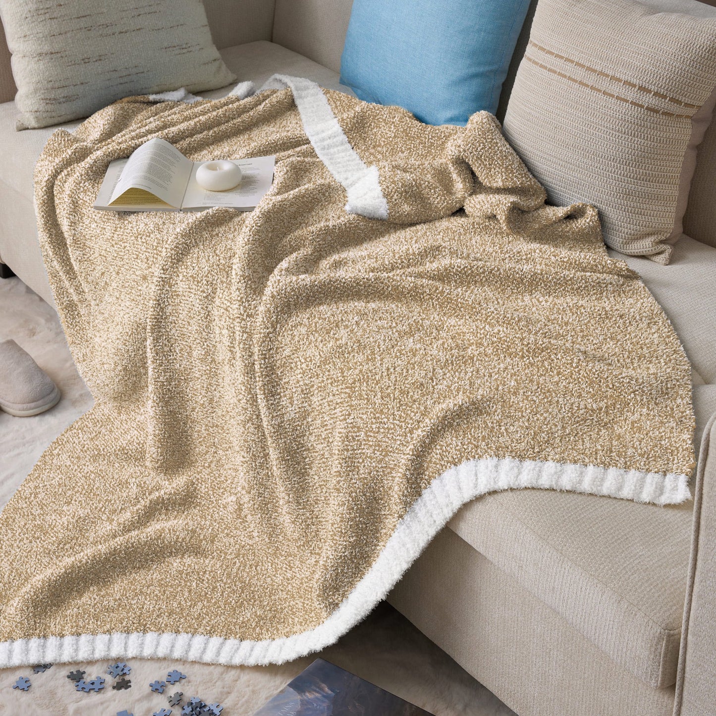 Joyfy Light Camel Knitted Twin Blanket 60x80 Inches, Cozy Soft Throw for Couch, Bed - Cute Aesthetic Home Decor and Gift for Women, Mom, Girls, Mothers Birthday