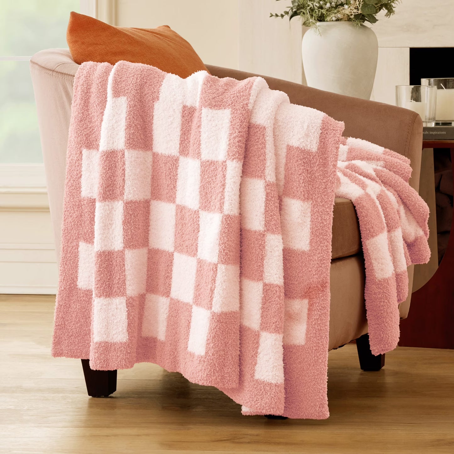 Joyfy Pink White Checkered Knitted Throw Blanket 50x70 Inches, Cozy Soft Blanket for Couch - Cute Aesthetic Home Decor and Gift for Women, Mom, Girls, Mothers Birthday