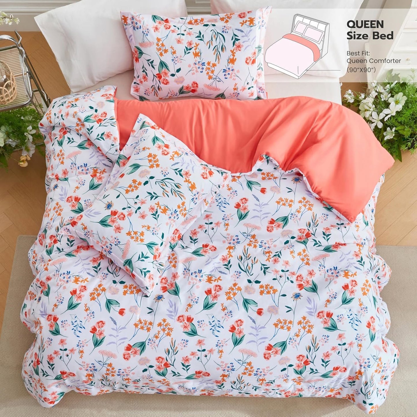 Joyfy Queen Size Comforter Set 3-Piece, Reversible Floral Botanical Design with 4 Pillow Shams, Sage Green All Seasons Bed in a Bag