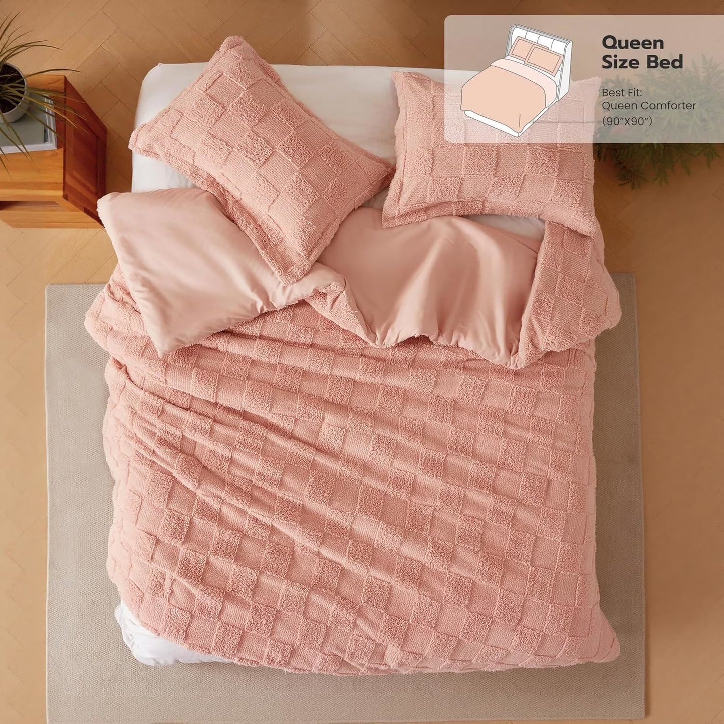 Joyfy Queen Size Comforter Set 3-Piece, Tufted Boho Plaid Geometric Design with 2 Pillow Shams, Coral Pink Checkered All Seasons Bed in a Bag
