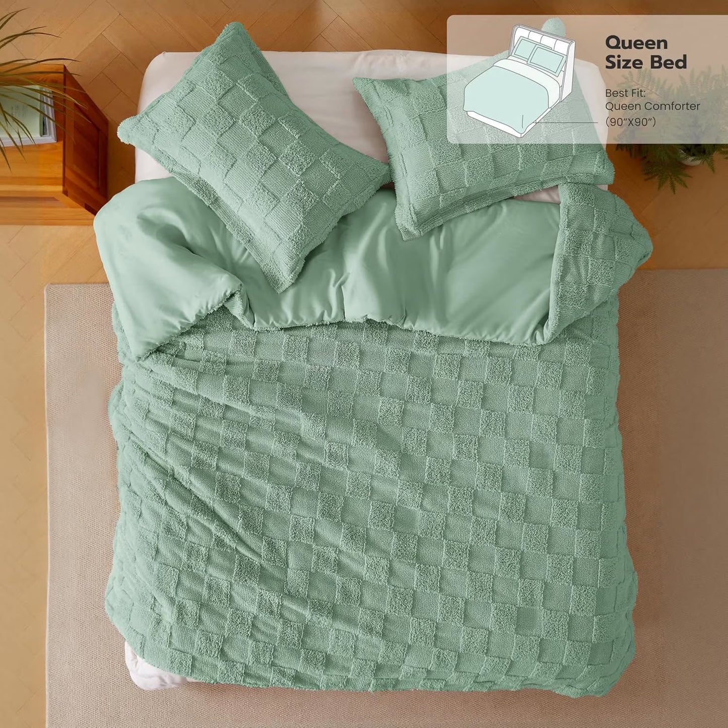 Joyfy Queen Size Comforter Set 3-Piece, Tufted Boho Plaid Geometric Design with 2 Pillow Shams, Sage Green Checkered All Seasons Bed in a Bag