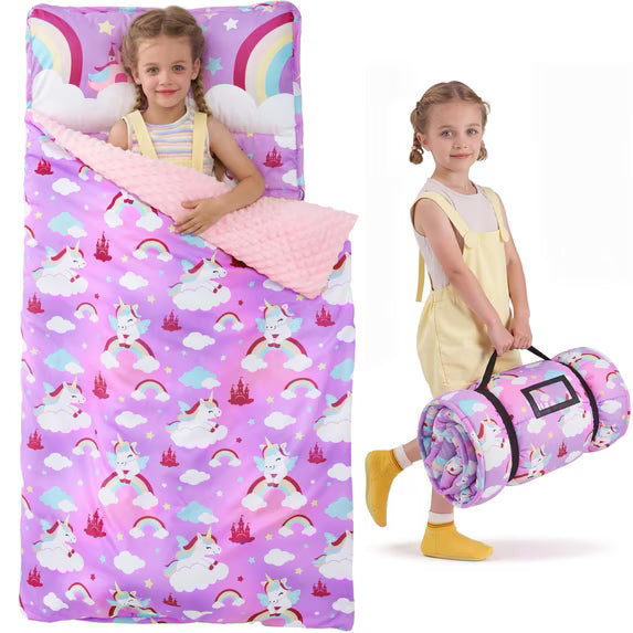 Joyfy Toddler Sleeping Bag for Kids 55"x30" Nap Mat with Removable Pillow and Minky Blanket for Ages 3-7, Soft Roll Up for Boys Girls Kindergarten Daycare Sleepover, Purple Pink Unicorn
