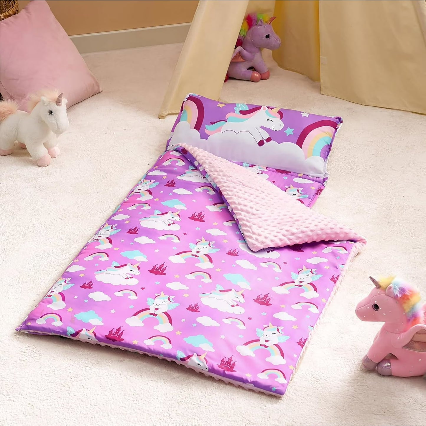 Joyfy Toddler Sleeping Bag for Kids 55x30 Nap Mat with Removable Pillow and Minky Blanket for Ages 3-8, Soft Roll Up for Boys Girls Kindergarten Daycare Sleepover
