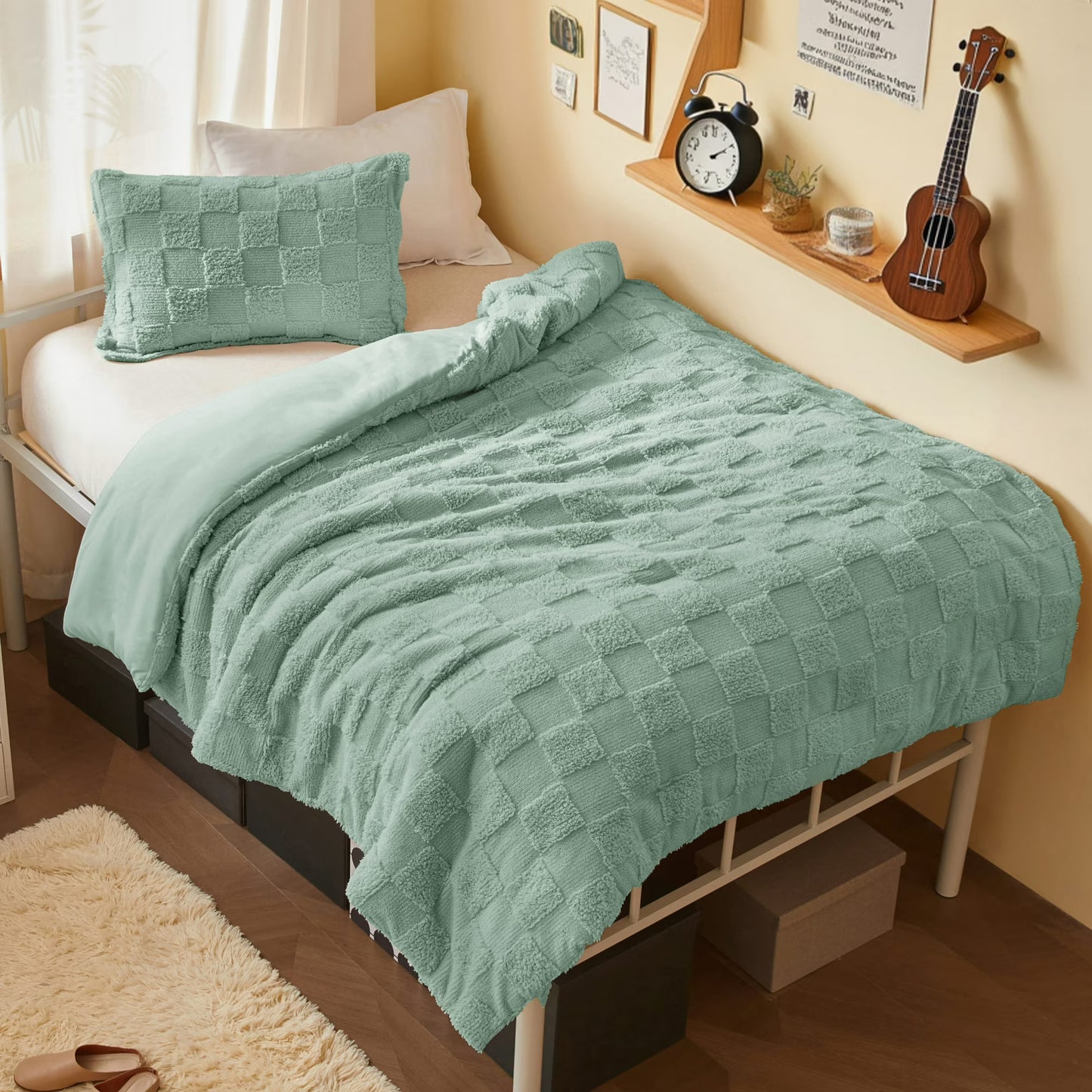 Joyfy Twin Size Comforter Set 2-Piece, Tufted Boho Plaid Geometric Design with 1 Pillow Sham, Sage Green Checkered All Seasons Bed in a Bag