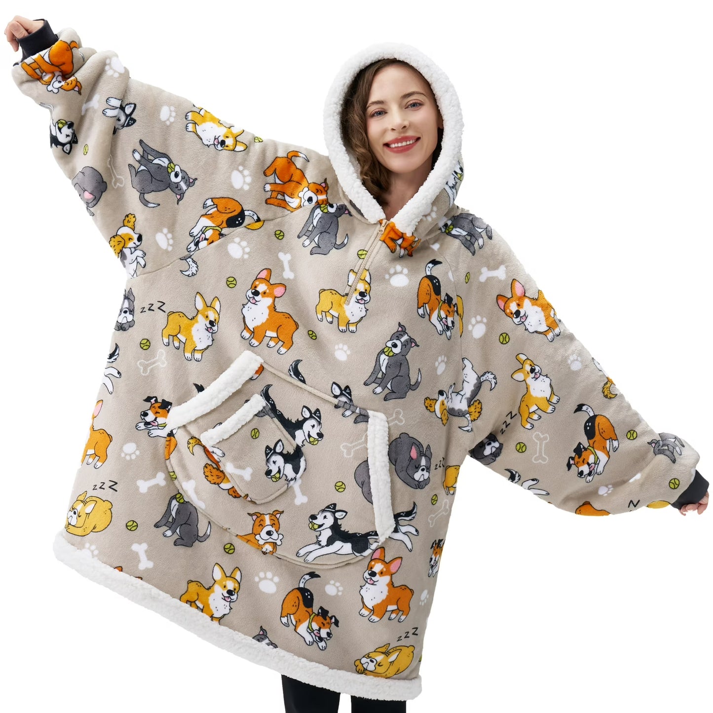 Joyfy Wearable Blanket Hoodie for Adults, Giggling Getup Sherpa Fleece Hooded Sweatshirt with Pocket & Sleeves, Warm Cozy Printed Gift for Women & Teens,Standard Grey Dog