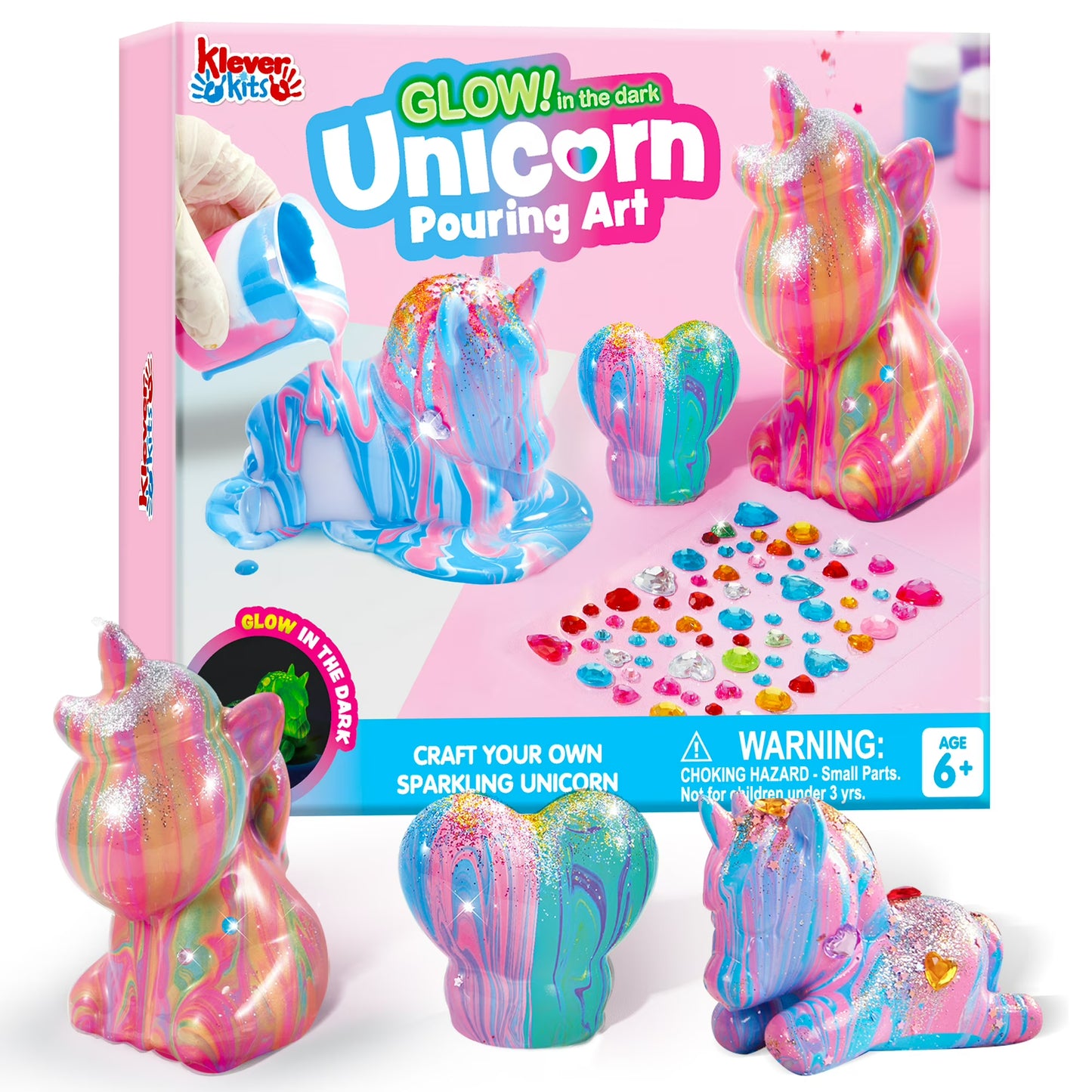 Klever Kits Glow in The Dark Unicorn Pour Painting Kit, DIY Paint & Sparkle Crafts Kit for Kids Ages 6+