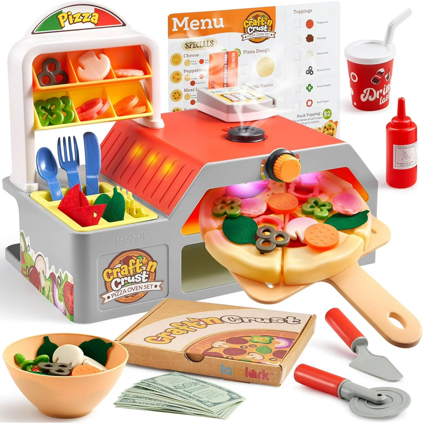 Lalalark 78 Pcs Play Kitchen Food Toy for Ages 3+, Pizza Oven with Pretend Smoke, Light & Sound and Color-Changing Toppings - Best Gift for Boys Girls