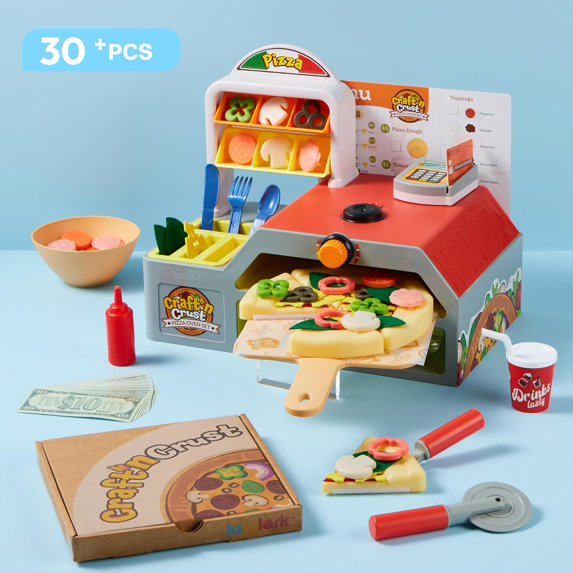 Lalalark Play Kitchen Food Toy - 78 PCS Montessori Pretend Play Food for Ages 3+, Pizza Oven with Pretend Smoke, Light & Sound and Color-Changing Toppings - Birthday Gift for Boys Girls