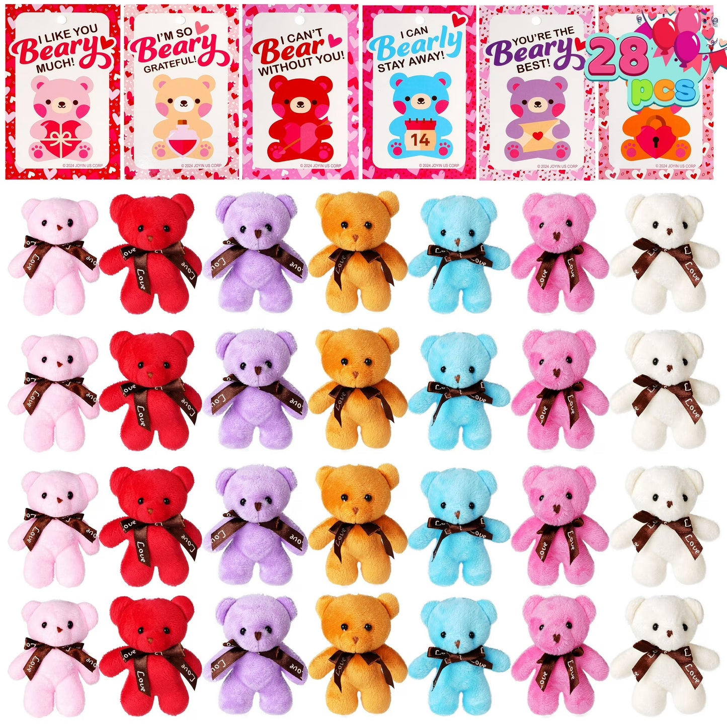 Joyfy 28 Packs Valentines Day Gifts Cards for Kids with Animal Plush Toy Key Chain Stress Relief Fidget Toy for Valentine Classroom Exchange Cards and Valentines Party Favor