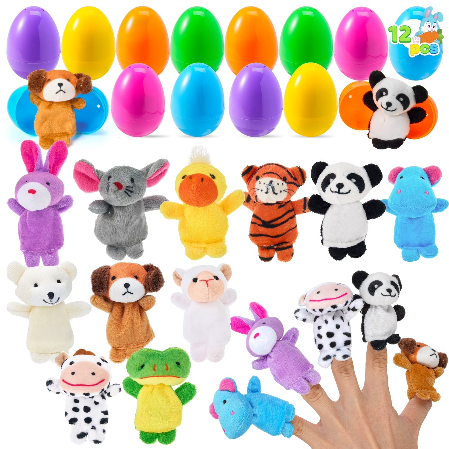Joyfy 12 Packs Prefilled Easter Eggs with Toys,Easter Eggs with Finger Puppets Toys for Kids Toddler,Easter Basket Classroom Prize Supplies