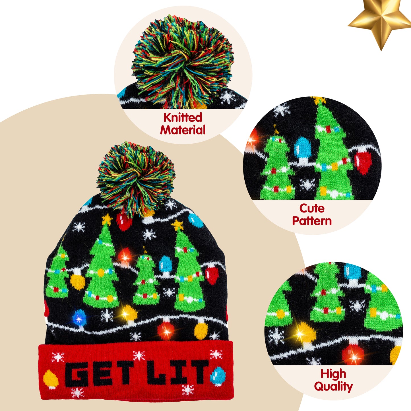Joyfy 1 Pack LED Christmas Hat,Light Up Ugly Christmas Beanies for Adults,Women Mens Gifts for Christmas,Funny Hats Christmas Party Favors Christmas Accessories Winter Hat