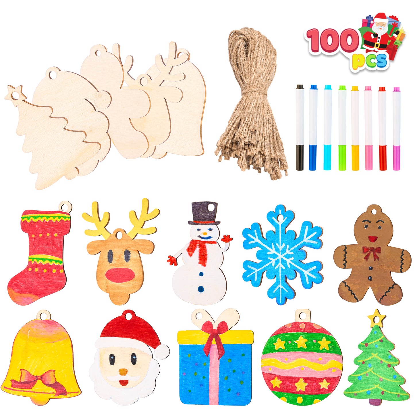 SYNCFUN 100 Pcs Christmas Wooden Hanging Ornaments with 8 Colored Pens, Unfinished Wood Ornaments Bulk for Kids Make Your Own Craft, DIY Coloring Ornament Gifts for Xmas Tree Decor Party Supplies