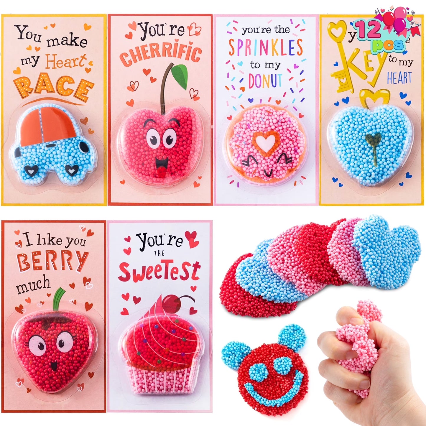 Joyfy 12 Packs Valentines Foam Squishy Toys for Kids, Fun Gifts Stress Relief Fidget Toys for Valentine Party Favors, School Class Exchange Cards