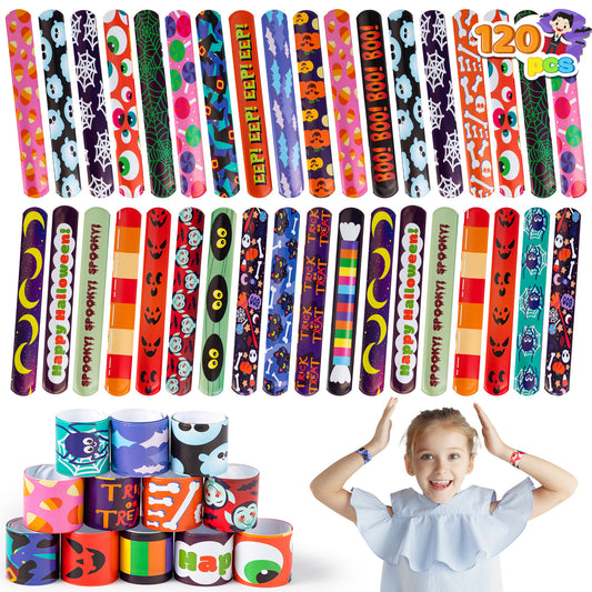 Joyfy 120 Pcs Halloween Slap Bracelets for Kids,Halloween Toys Bulk with Spider,Pumpkins,Animal Print for Prizes Gift Trick or Treat Party Favors,Halloween Crafts for Kids,Classroom Favors
