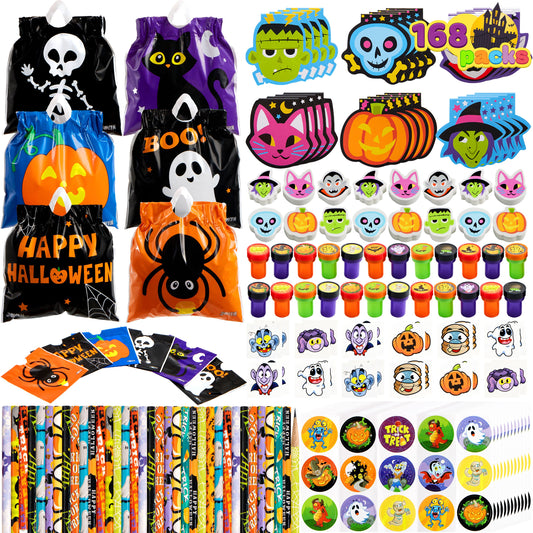 Joyfy 168 Packs Halloween Stationery Party Favors,Halloween Gifts for Kids,Halloween Goodies Including Halloween Trick or Treat Bags,Notepads,Stamps,Pencils,Stickers and Tattoos