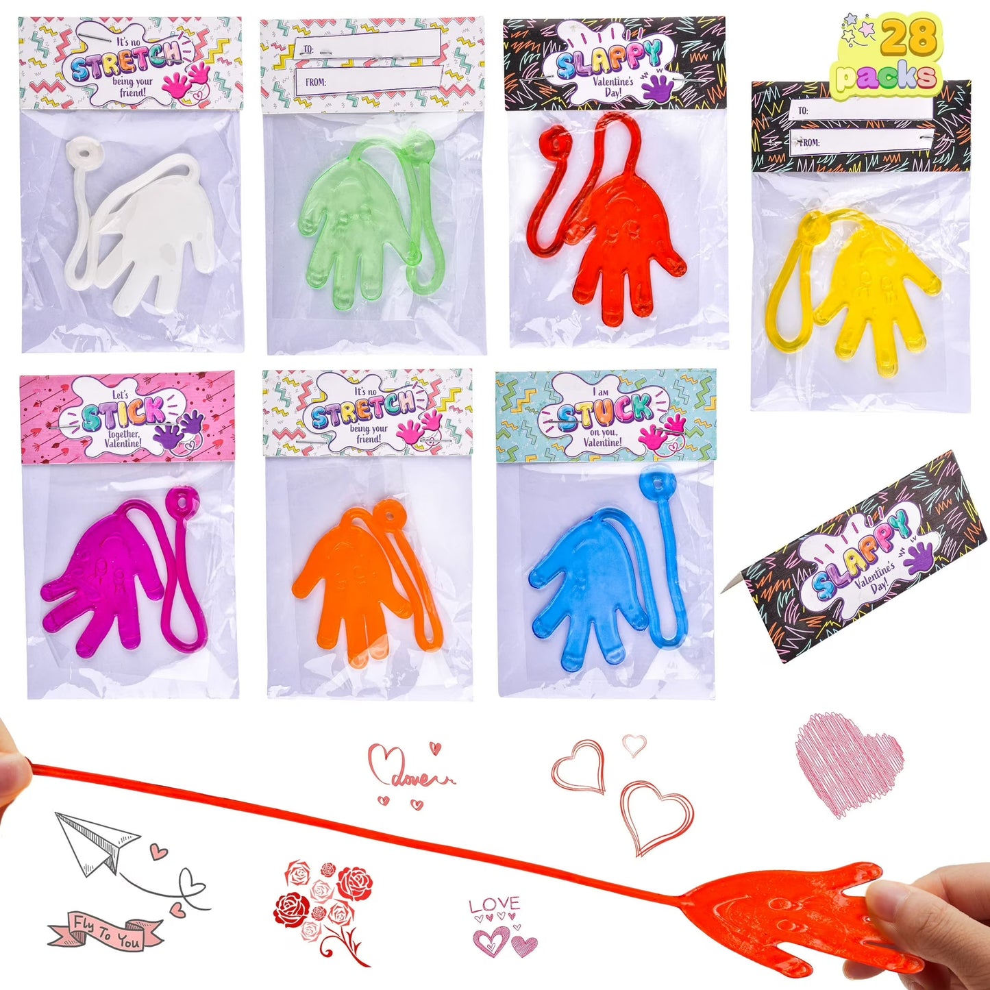 SYNCFUN 28 Packs Sticky Hands with Valentines Cards for Kids Party Favors,Sticky Toys Classroom Valentine Exchange Gifts