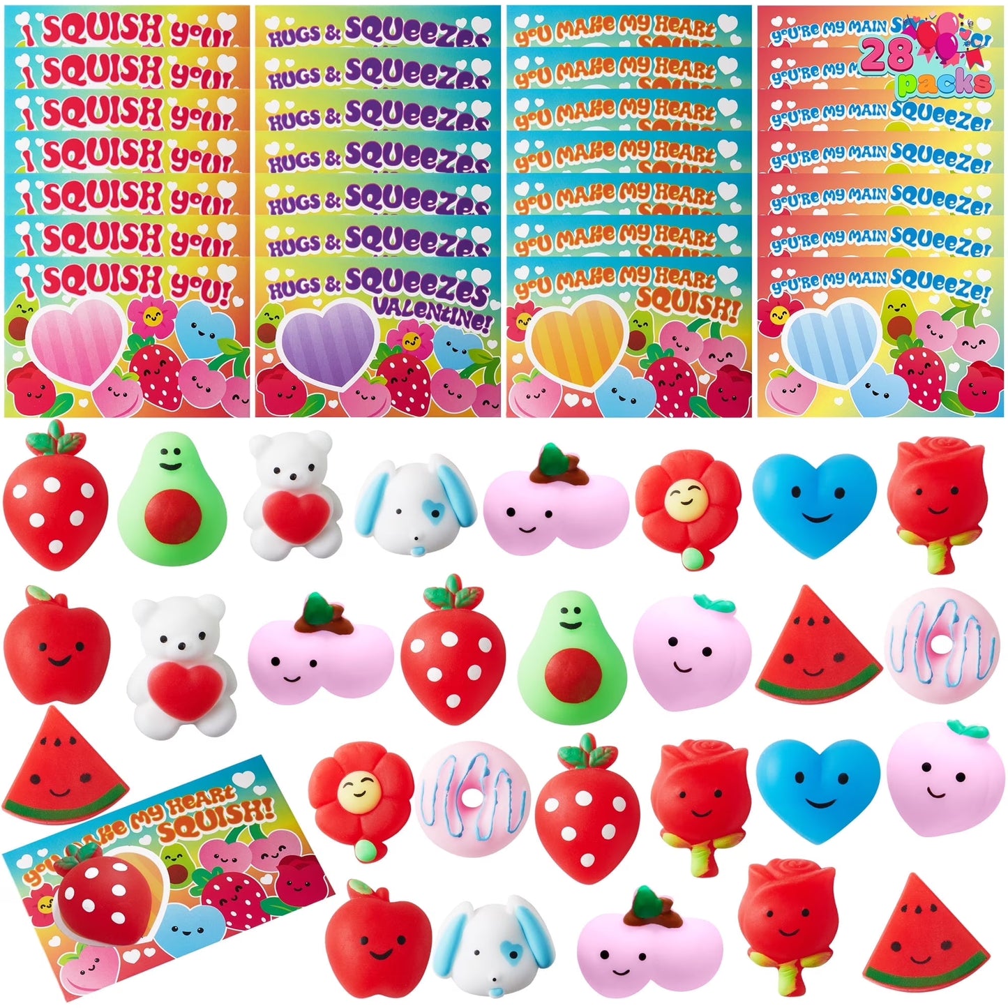 Joyfy 28 Packs Valentines Day Gift Cards with Mochi Squishy Toys, Stress Relief Fidget Toys for Kids Valentine Classroom Favors