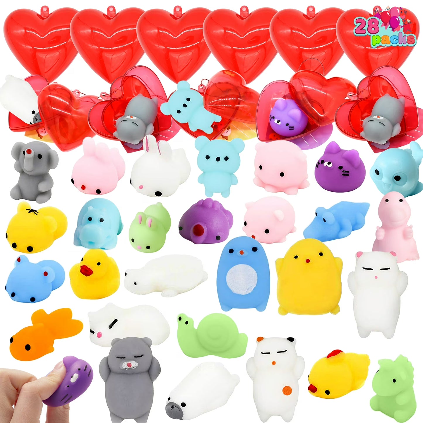 Joyfy 28 Packs Valentines Gifts for Kids, Valentine Kawaii Stress Relief Mochi Squishy Toys Filled Hearts for Kids Classroom Exchange Cards Gifts, Valentines Party Favors