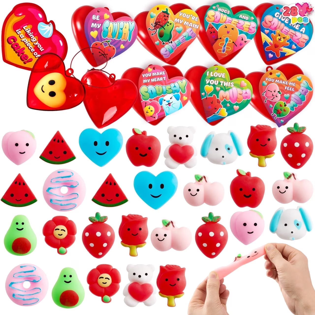 Joyfy 28 Packs Valentines Gifts for Kids, Kawaii Animal Mochi Squishy Toys for Valentines Party Favors, School Classroom Exchange Cards Gifts