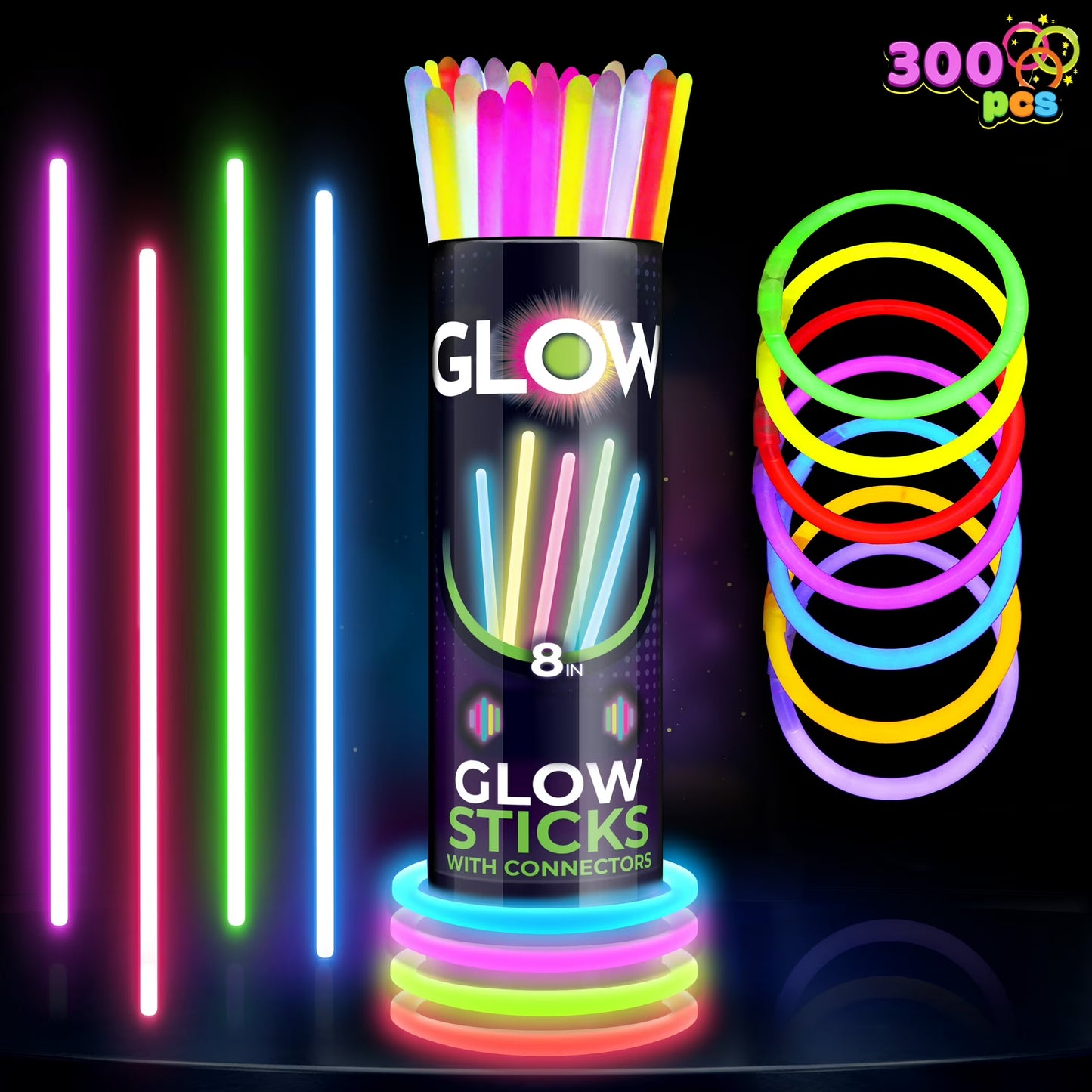 SYNCFUN 300 Pcs Glow Sticks Bulk, 8" Glow in The Dark Neon Party Supplies, Glow Bracelets and Necklaces Party Pack