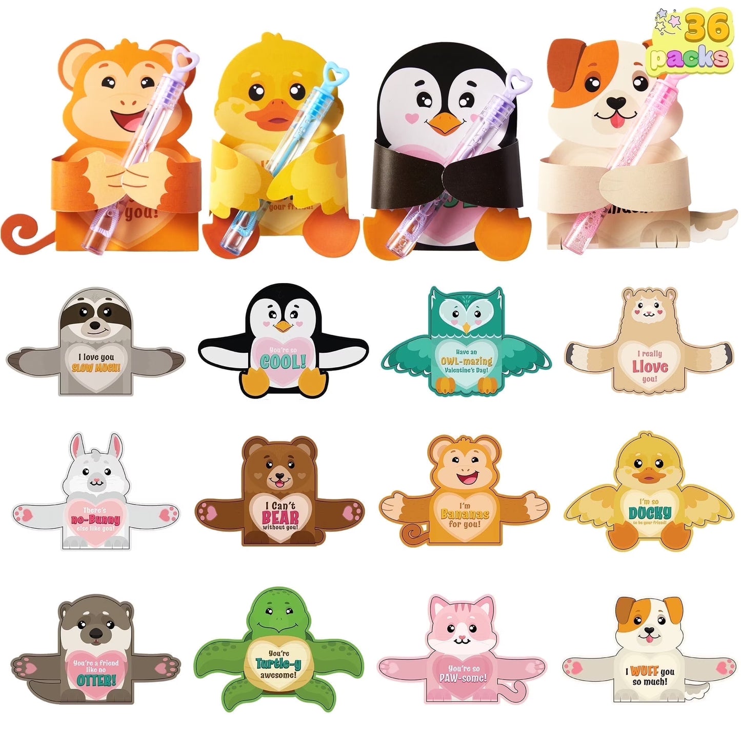 SYNCFUN 36 Pcs Valentines Day Gifts Cards with Animal Designs,Cute Valentine Gift Card Holder for Kids Toddler,Valentines Exchange Cards Bulk for Class School