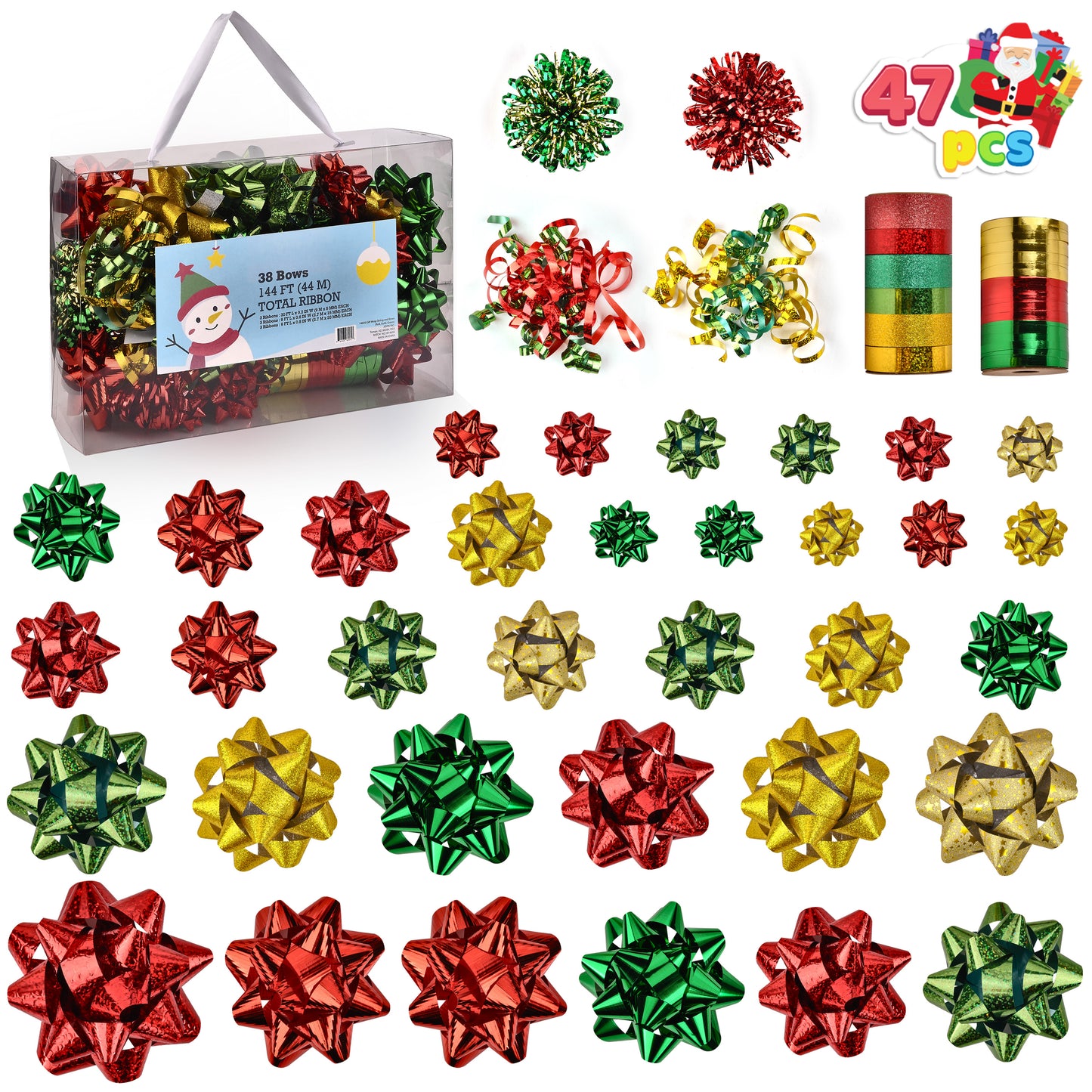 Joyfy 40 Pcs Christmas Gift Bows & Ribbons, 34pcs Assorted Size Self Adhesive Gift Bows, 2 Curly Bows, 2 Tinsel Bows and 2 Rolls of Curling Ribbons for Present Wrapping