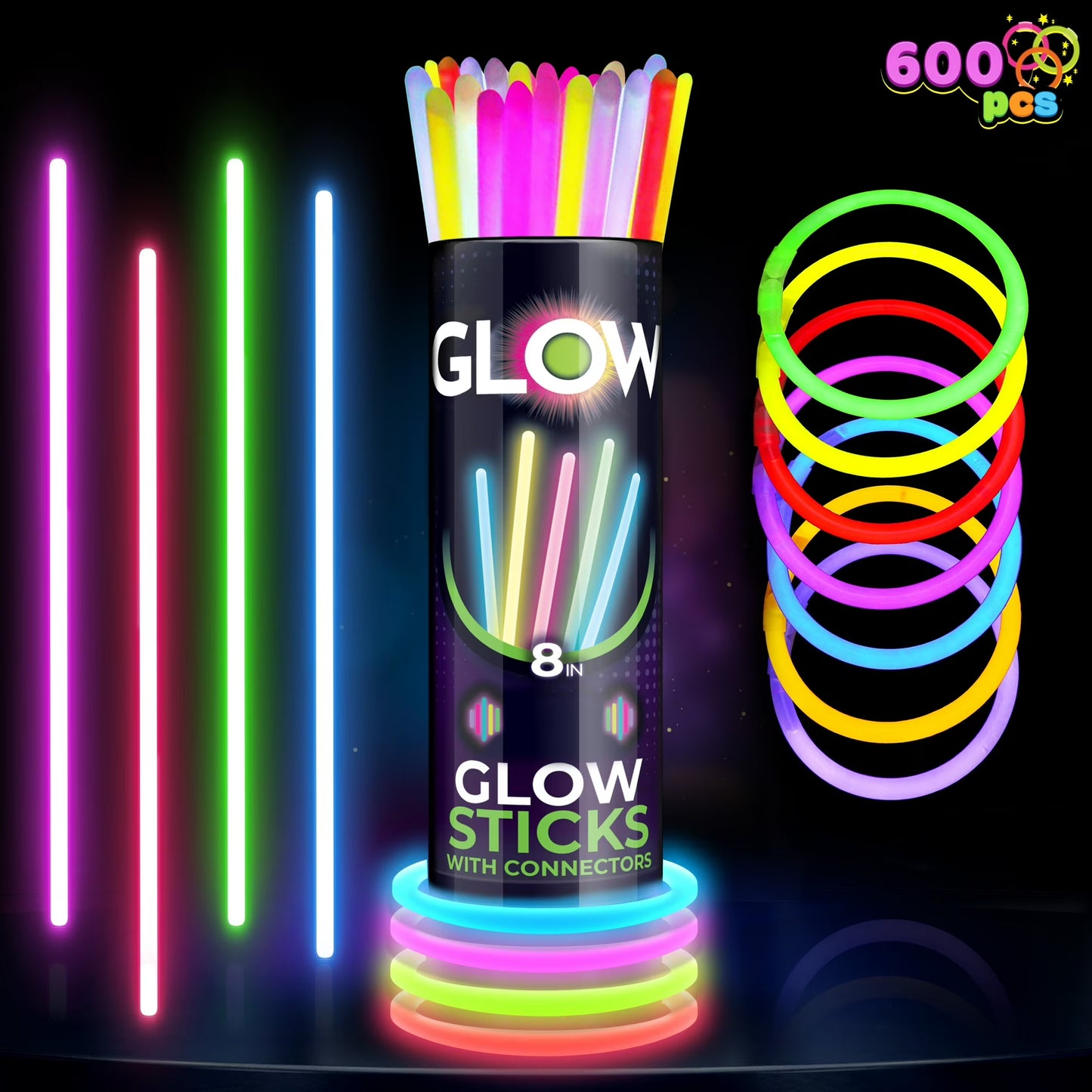 Joyfy 600 Pcs Glow Sticks Bulk, 8" Glow in The Dark Neon Party Supplies, Glow Bracelets and Necklaces Party Pack