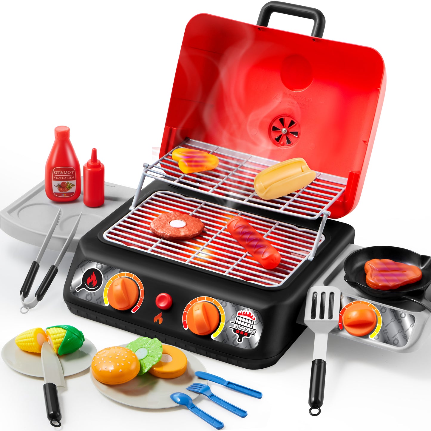 SYNCFUN Exrtra Large 2-Layer BBQ Grill Playset, Kitchen Toy Set with Pretend Smoke & Color-Changing Food, Outdoor Pretend Play Toy Set Birthday Gift for Kids Toddlers 3 4 5 6 7 8 Years Old